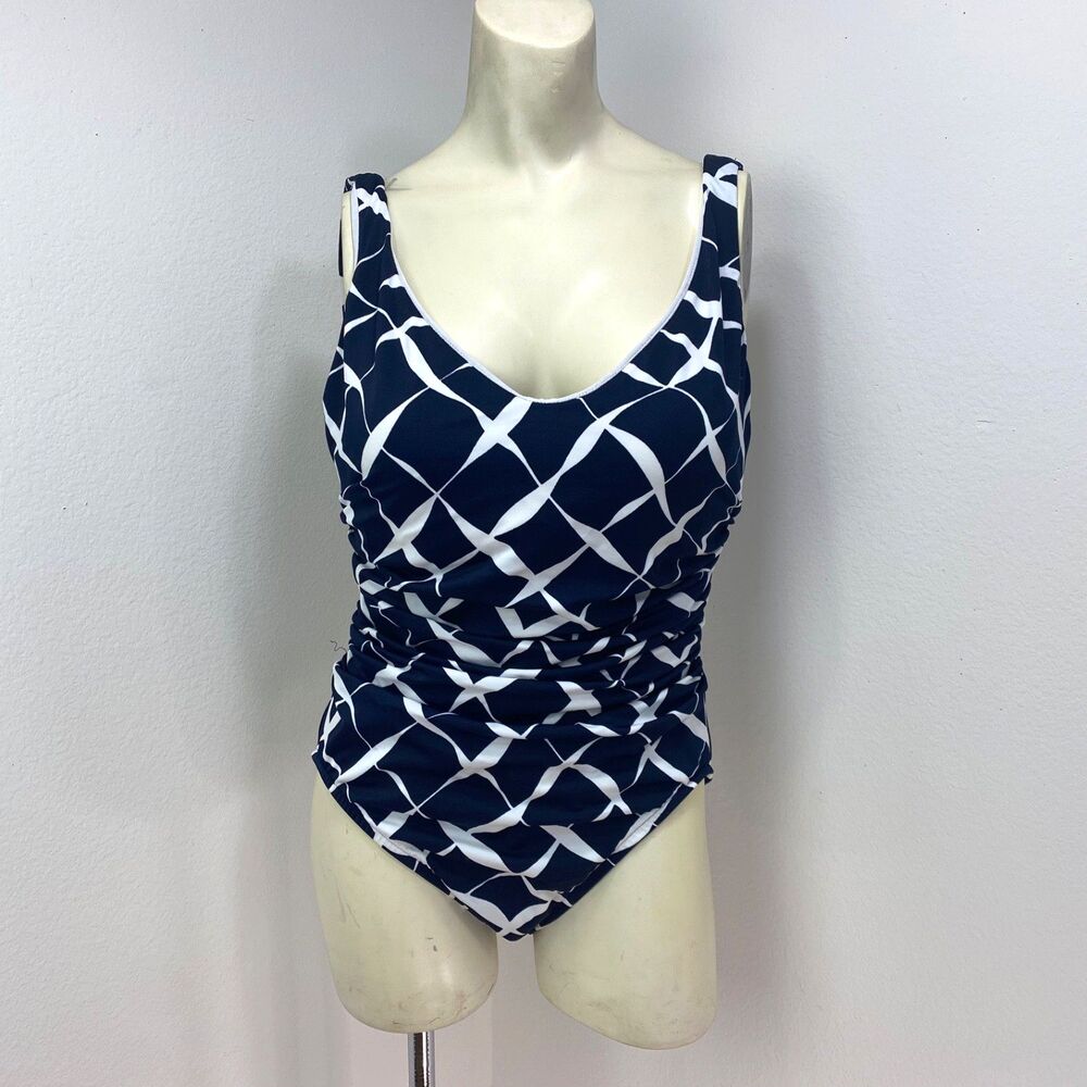 Miraclesuit Swimsuit Size 14 Navy Blue White Check Print Side Ruching Underwire